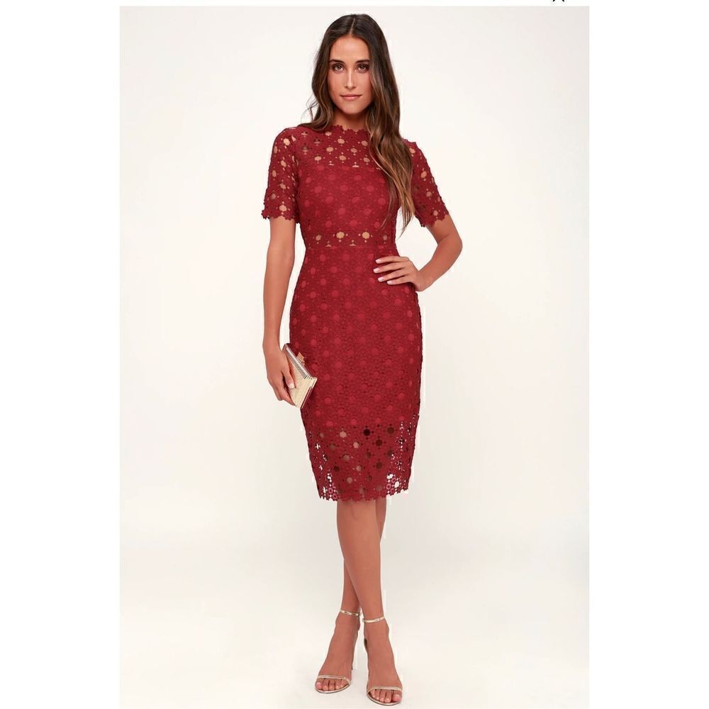 Lulus Burgundy Crochet Laced Bodycon Midi Dress Size S/ Party/ Cocktail/Formal - Picture 1 of 15